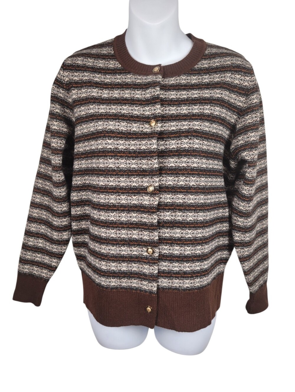 Y2K 82% Wool Brown Stripe Gold Buttons Down Cardigan Sweater Top Size: XL